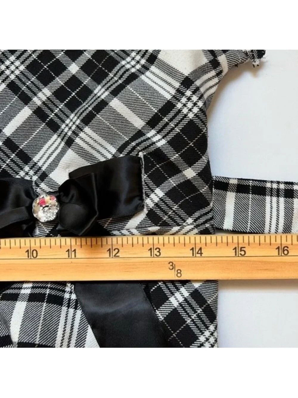 Ashley Ann Black White Plaid Dress Puff Sleeve Bow Rhinestone Fit Flare